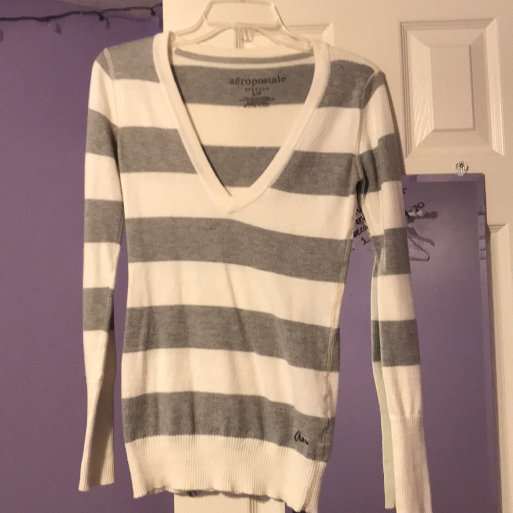 Grey and White Striped Aeropostale Sweater